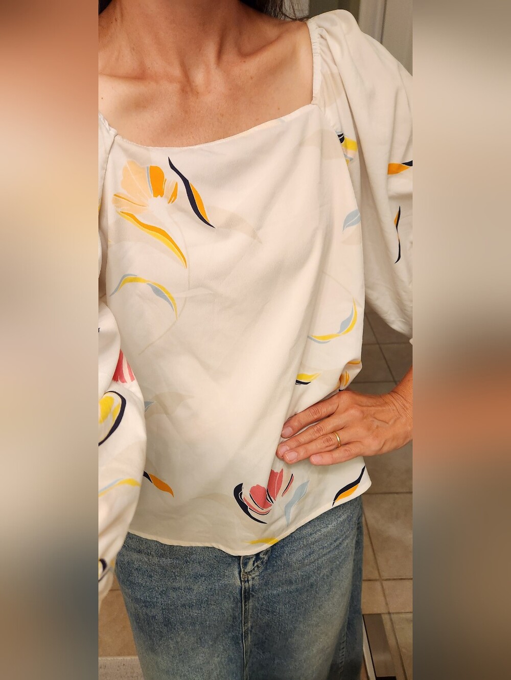A New Day White Floral Square-Neck Long Sleeve Blouse Size M Unique Fit - Picture 7 of 14